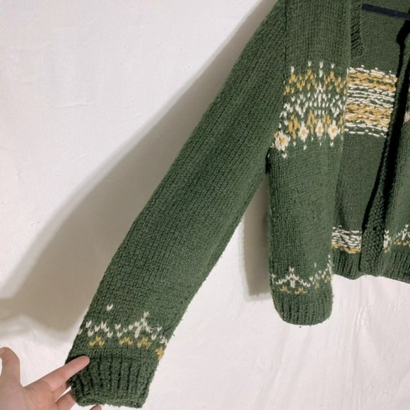 Handmade Hand Knit Green Yellow Open Front Cardigan XL - Picture 8 of 11